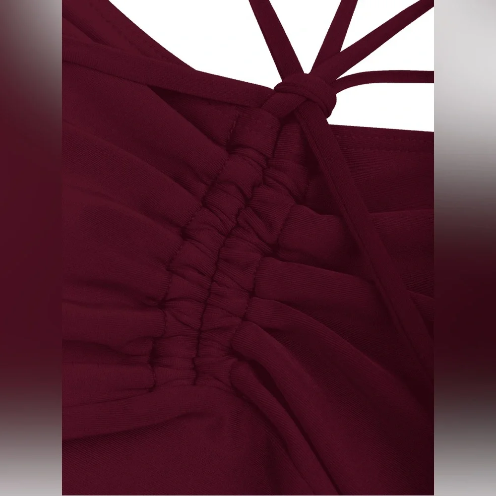 Plus Size Burgundy Tankini Top Swim Bikini - Elegant Ruched Front